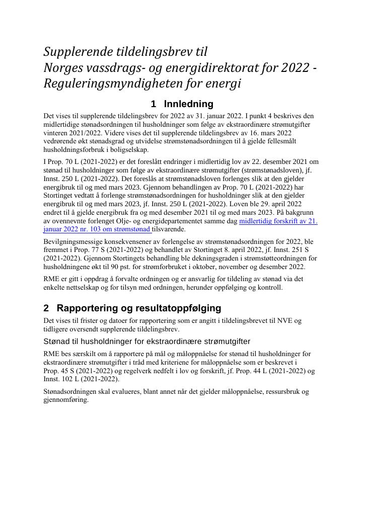 Forsiden av dokumentet Tildelingsbrev Norges vassdrags- og energidirektorat 2022 - tillegg nr. 2