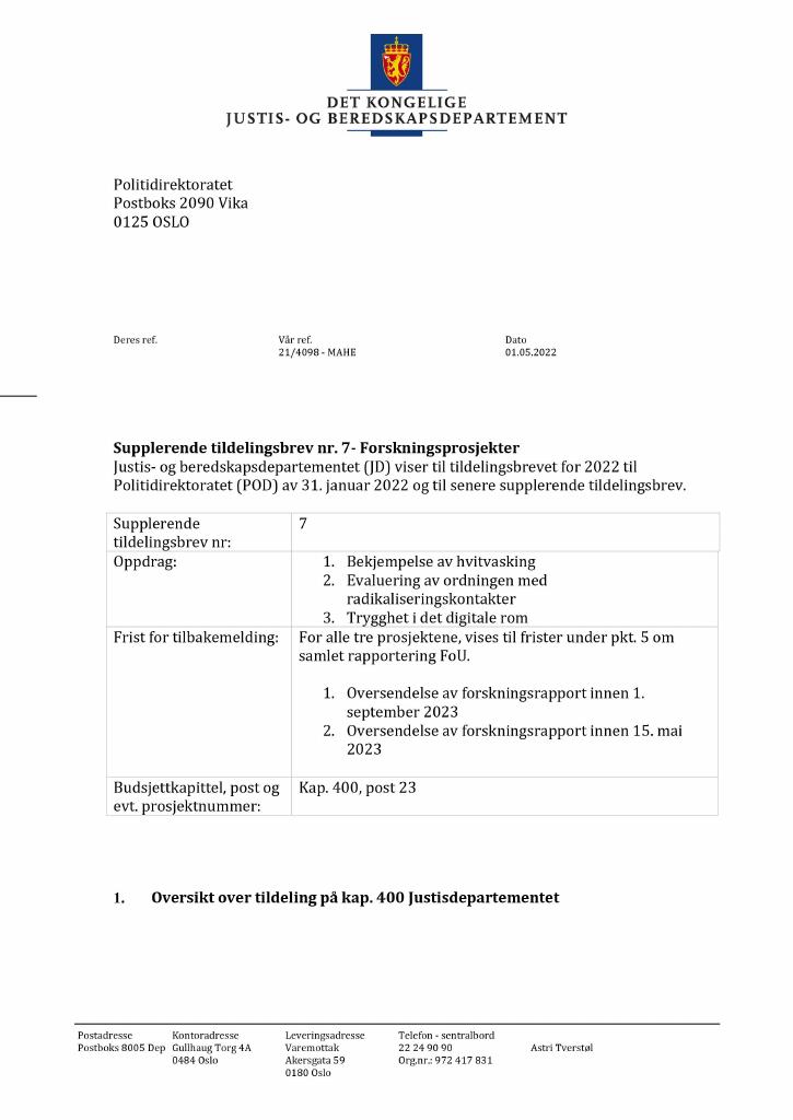 Forsiden av dokumentet Tildelingsbrev Politidirektoratet 2022 - tillegg nr. 7