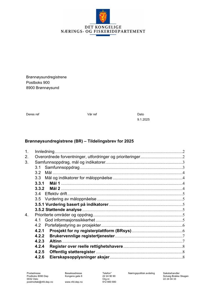 Forsiden av dokumentet Tildelingsbrev Brønnøysundregistrene 2025