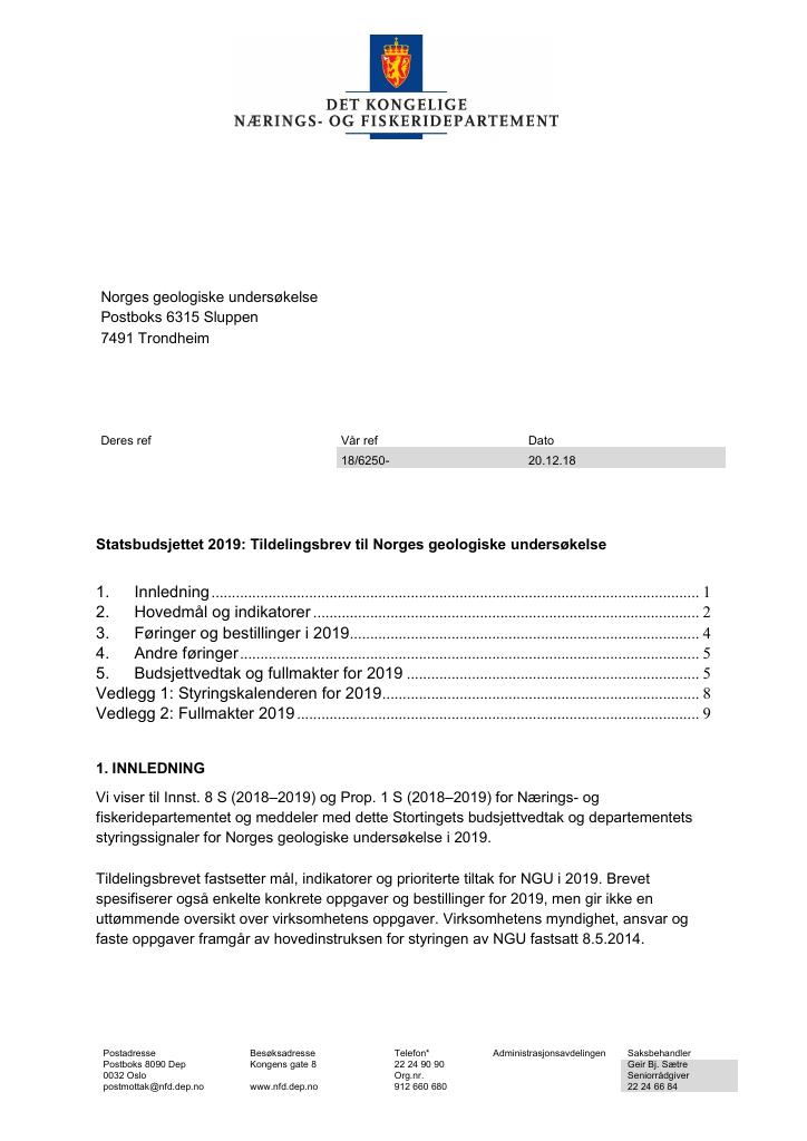 Forsiden av dokumentet Tildelingsbrev Norges geologiske undersøkelse 2019