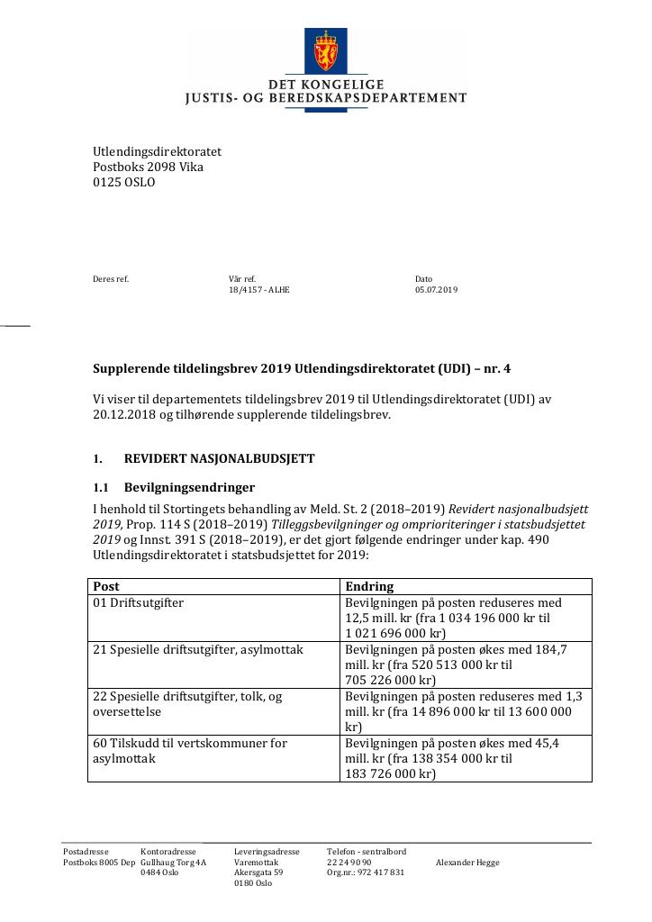 Forsiden av dokumentet Supplerende tildelingsbrev nr. 4 Utlendingsdirektoratet 2019