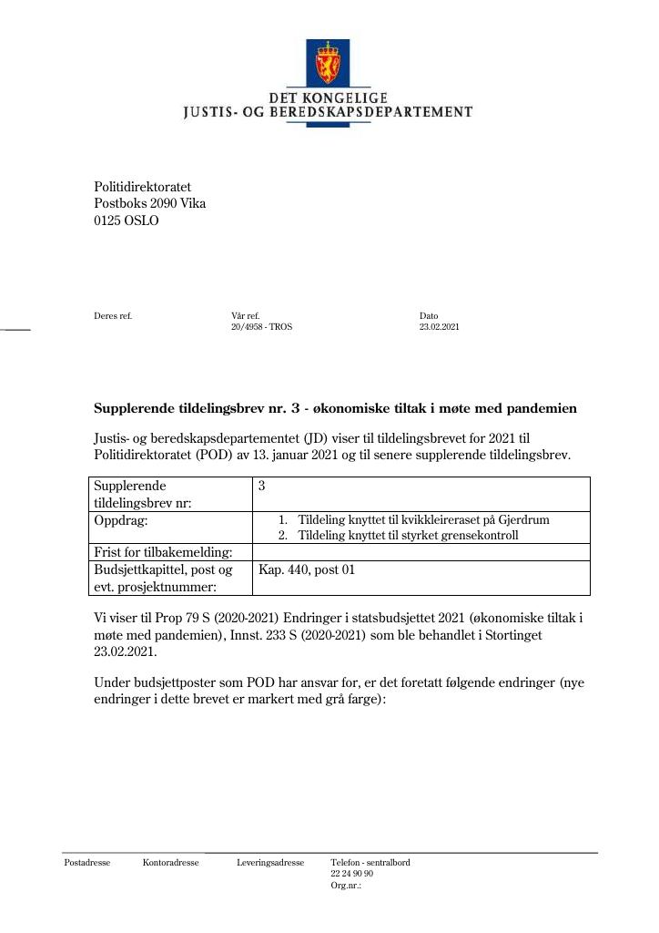 Forsiden av dokumentet Tildelingsbrev Politidirektoratet 2021 - tillegg nr. 3