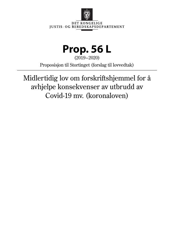 Forsiden av dokumentet Prop. 56 L (2019–2020)