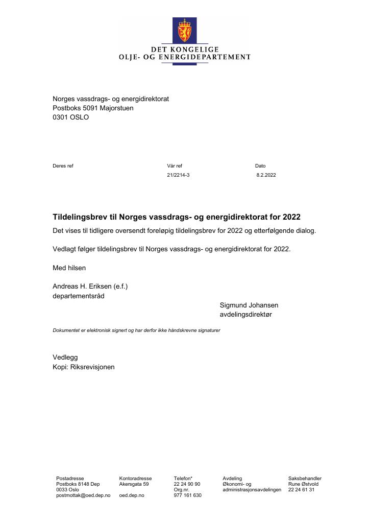 Forsiden av dokumentet Tildelingsbrev Norges vassdrags- og energidirektorat 2022