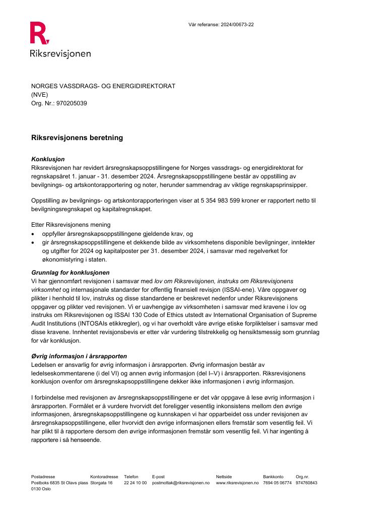 Forsiden av dokumentet Revisjonsberetning Norges vassdrags- og energidirektorat 2024