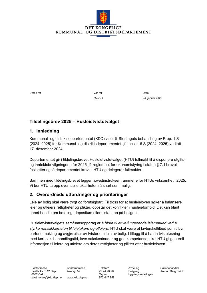 Forsiden av dokumentet Tildelingsbrev Husleietvistutvalget 2025