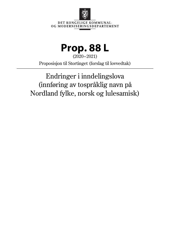 Forsiden av dokumentet Prop. 88 L (2020–2021)