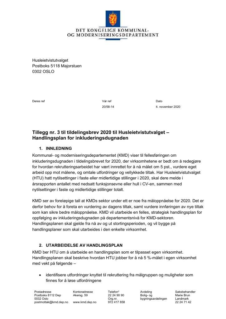 Forsiden av dokumentet Tillegg nr 3 til tildelingsbrev 2020 til HTU (pdf)