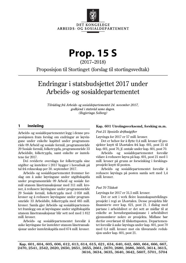 Forsiden av dokumentet Prop. 15 S (2017–2018)
