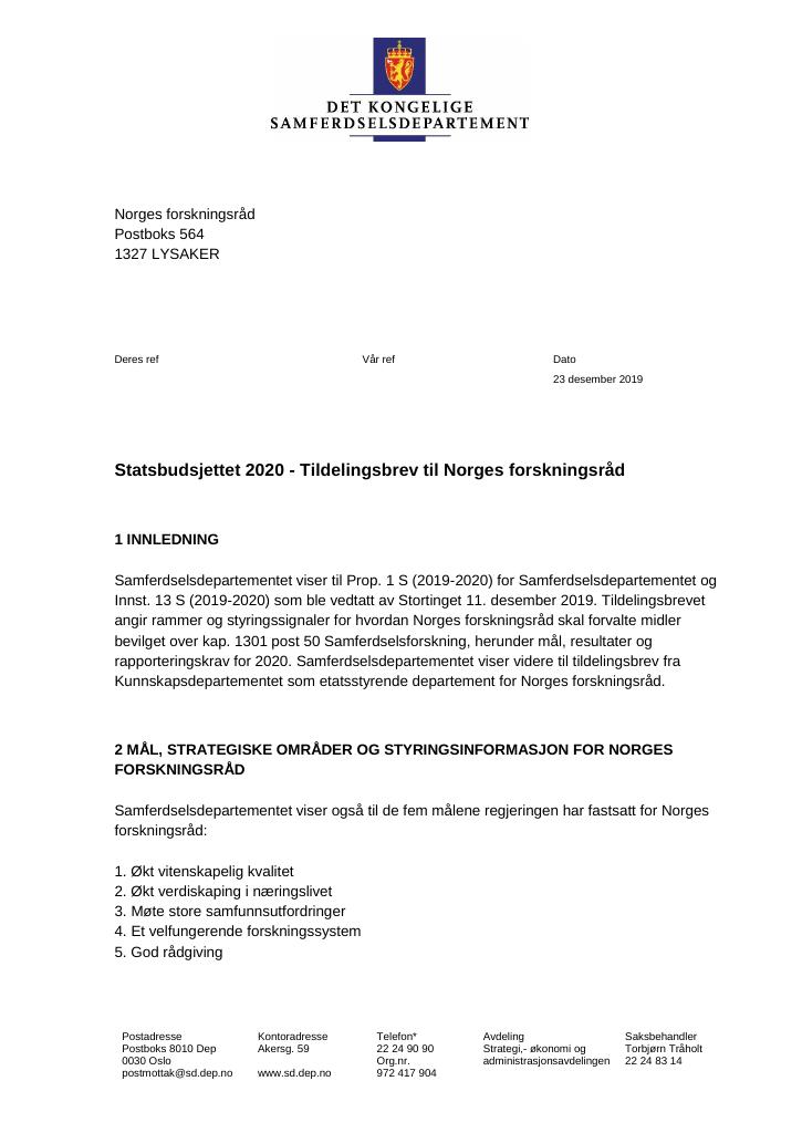 Forsiden av dokumentet Statsbudsjettet 2020: Tildelingsbrev Norges forskningsråd