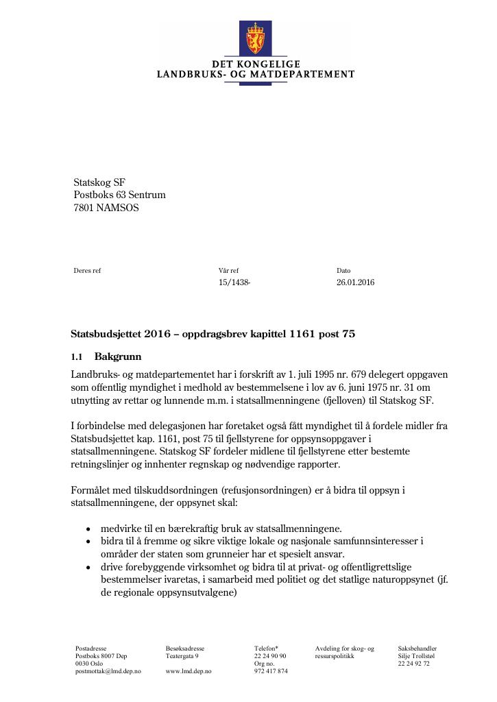 Forsiden av dokumentet Oppdragsbrev 2016 kap. 1161 post 75