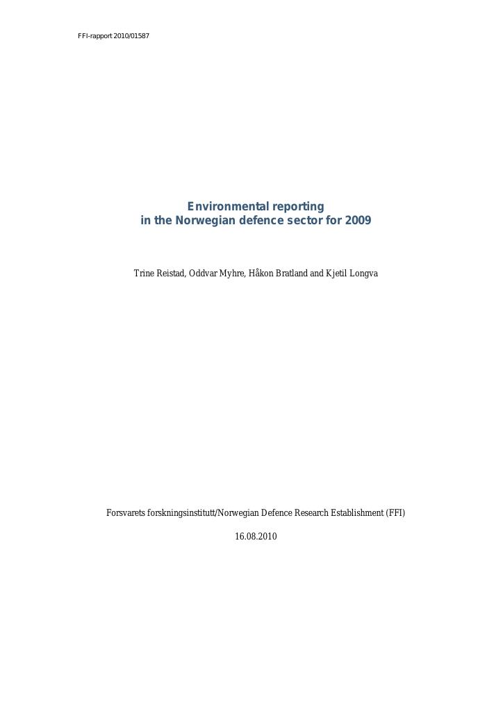 Forsiden av dokumentet Environmental reporting in the Norwegian defence sector for 2009