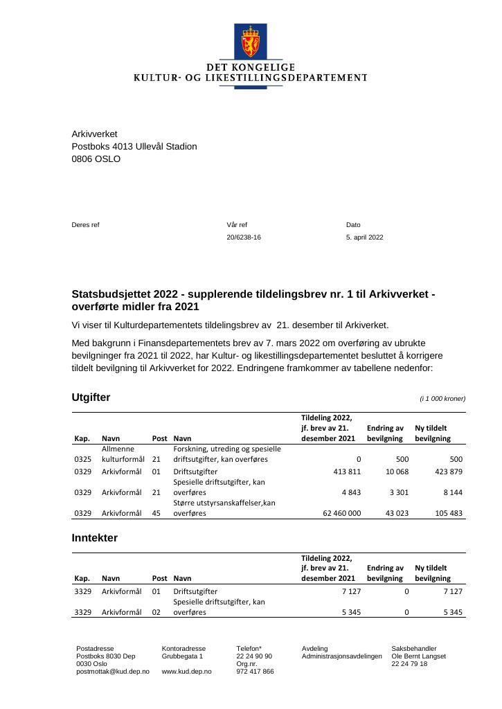 Forsiden av dokumentet Tildelingsbrev Arkivverket 2022 - tillegg nr. 1