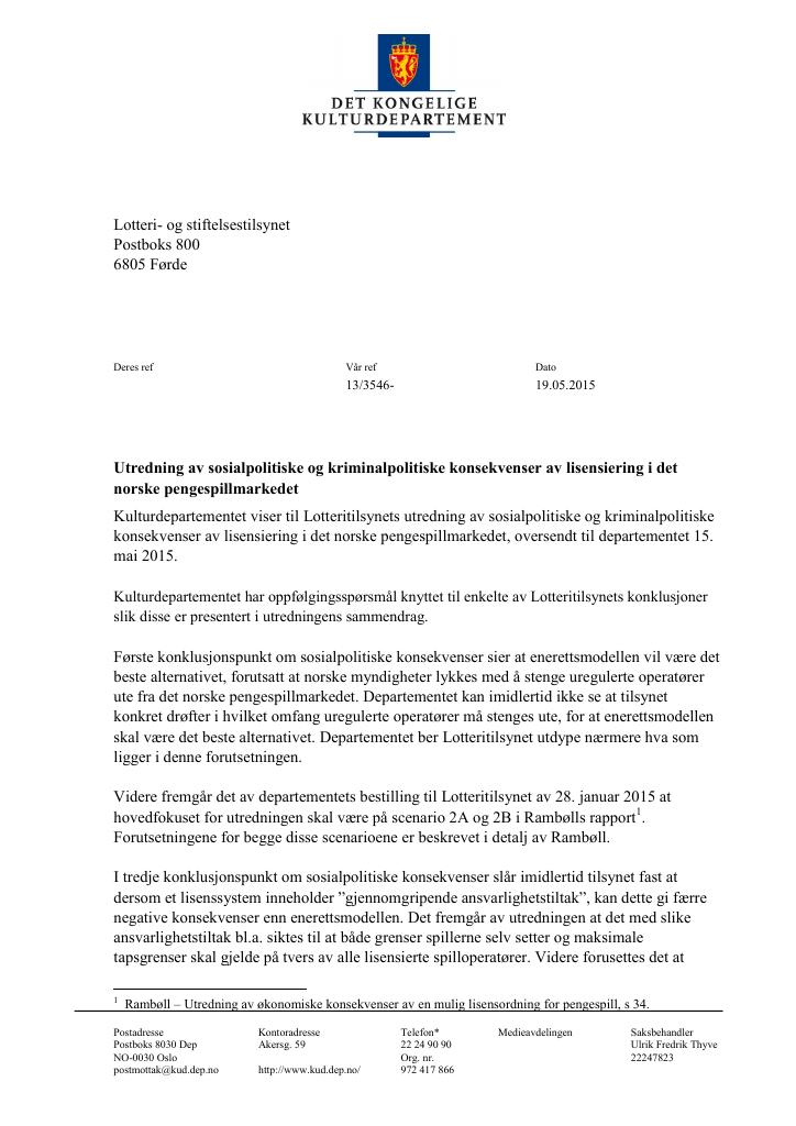 Forsiden av dokumentet Utredning av sosialpolitiske og kriminalpolitiske konsekvenser av lisensiering i det norske pengespillmarkedet