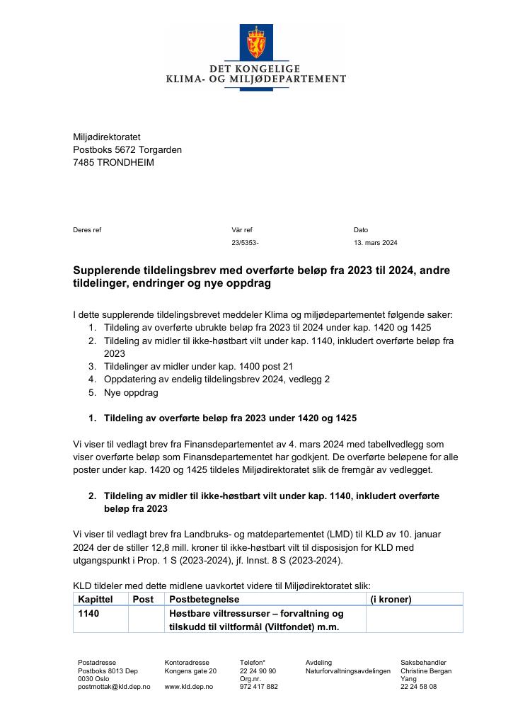 Forsiden av dokumentet Supplerende tildelingsbrev 13.03.2024