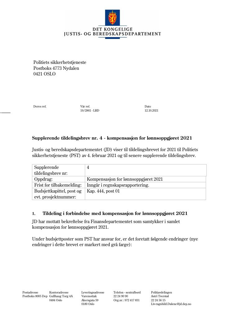 Forsiden av dokumentet Tildelingsbrev Politiets sikkerhetstjeneste 2021 - tillegg nr. 4