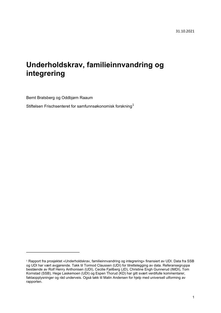 Forsiden av dokumentet Underholdskrav, familieinnvandring og integrering