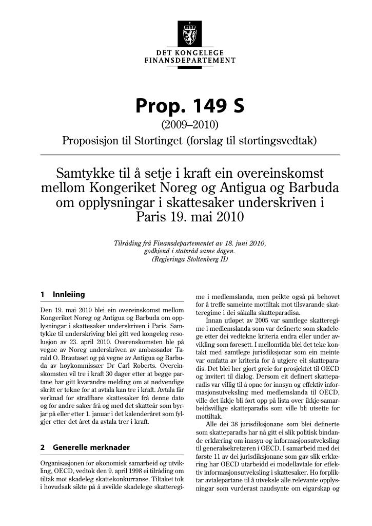 Forsiden av dokumentet Prop. 149 S (2009-2010)