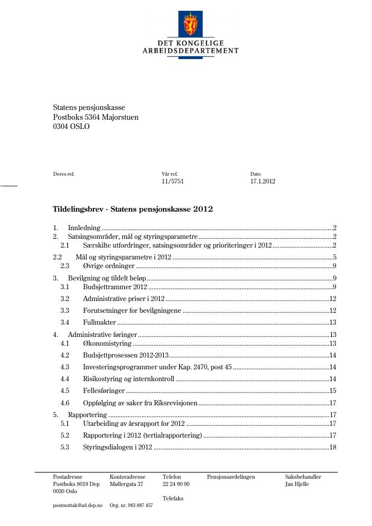 Forsiden av dokumentet Tildelingsbrev (PDF)