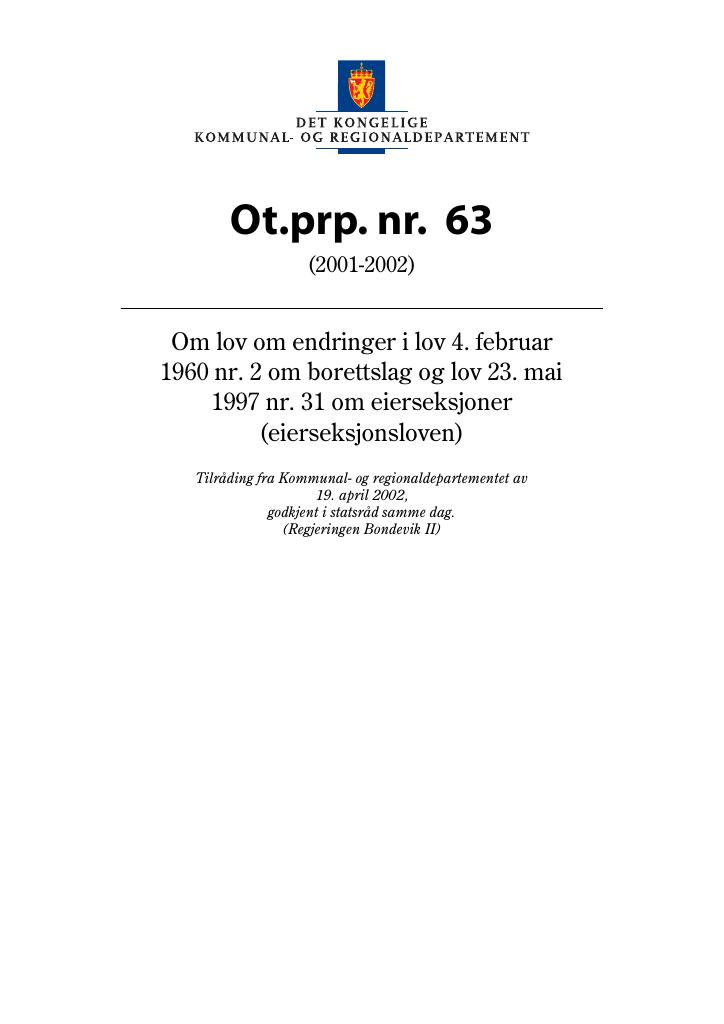 Forsiden av dokumentet Ot.prp. nr. 63 (2001-2002)