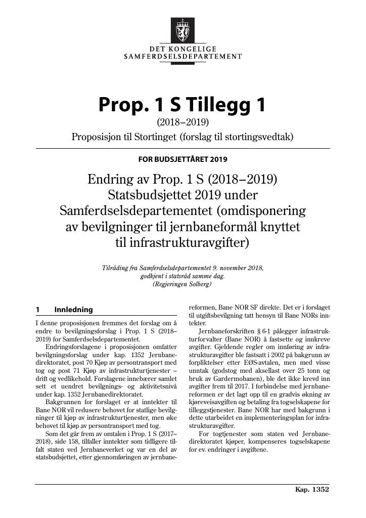 Forsiden av dokumentet Prop. 1 S Tillegg 1 (2018–2019)