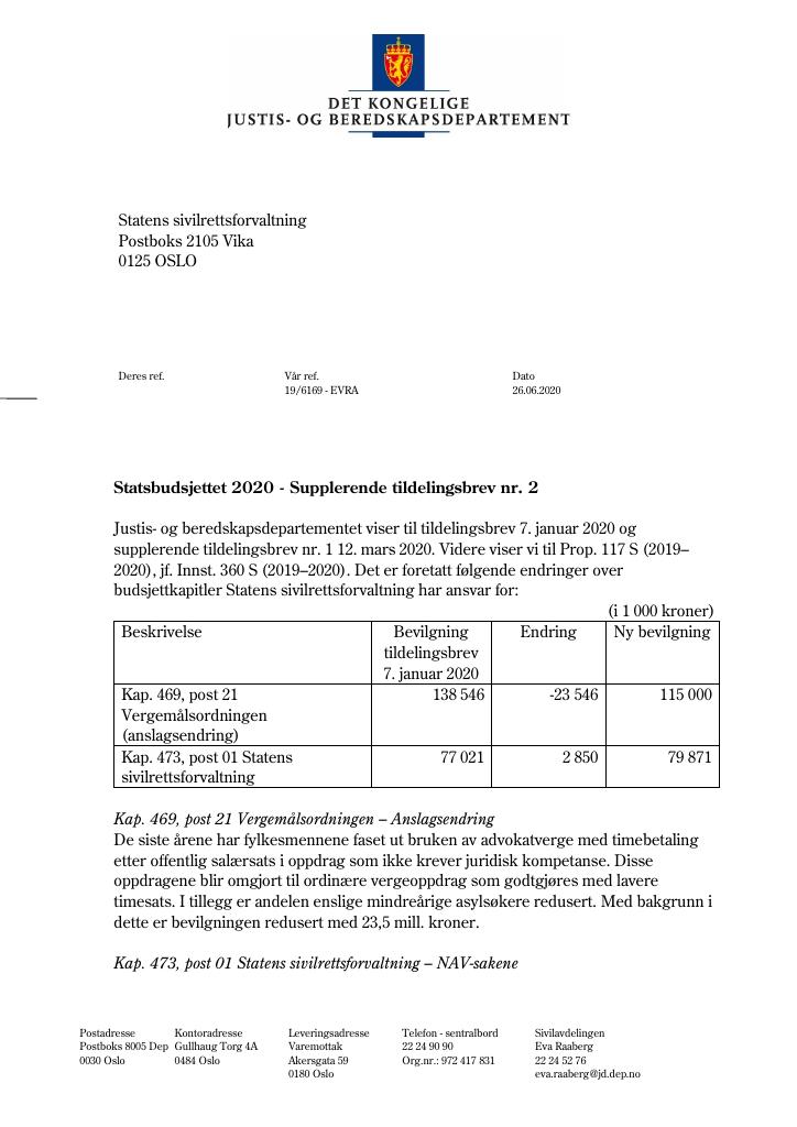 Forsiden av dokumentet Tildelingsbrev Statens sivilrettsforvaltning 2020 - tillegg nr. 2