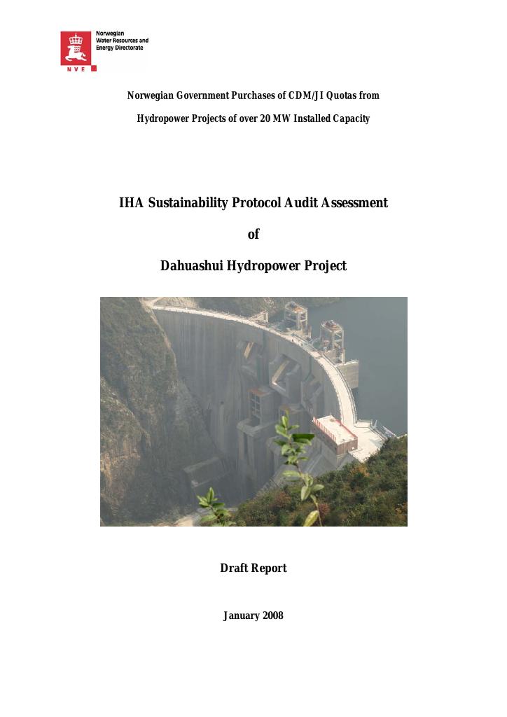 Forsiden av dokumentet IHA Sustainability Protocol Audit Assessment of Dahuashui Hydropower Project