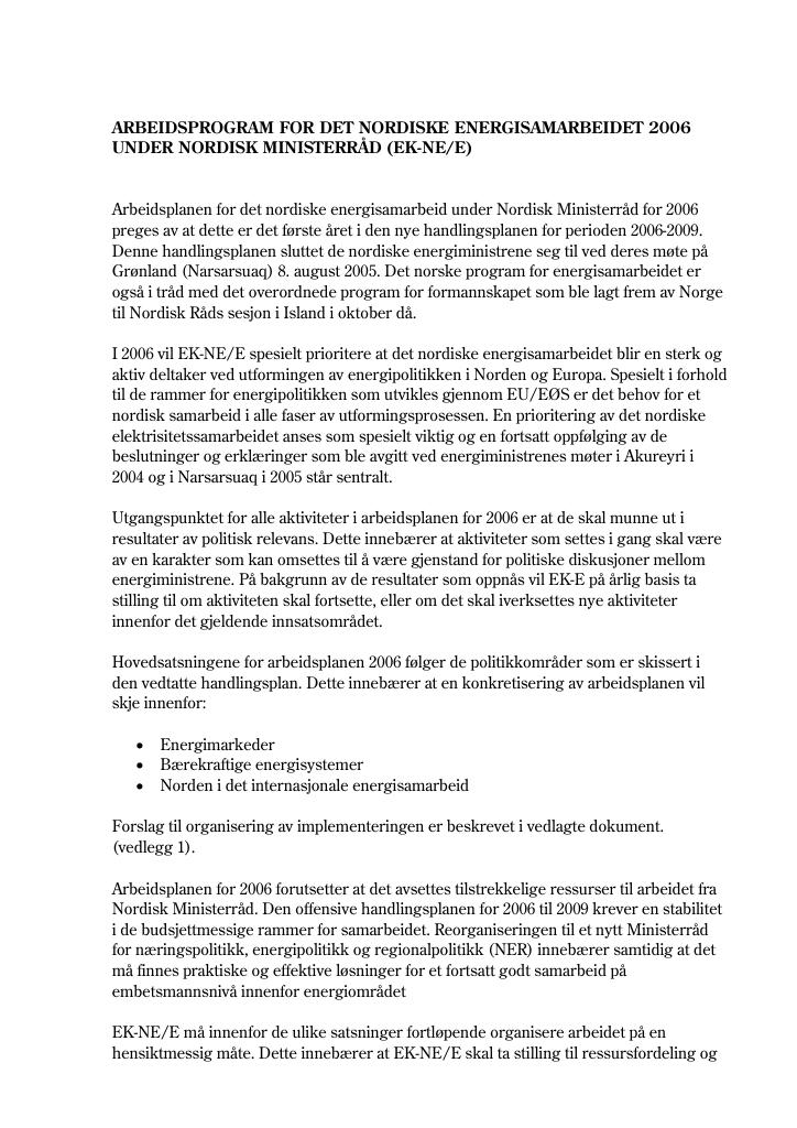 Forsiden av dokumentet Nordisk energisamarbeid under Nordisk Ministerråd. Norsk formannskap i 2006