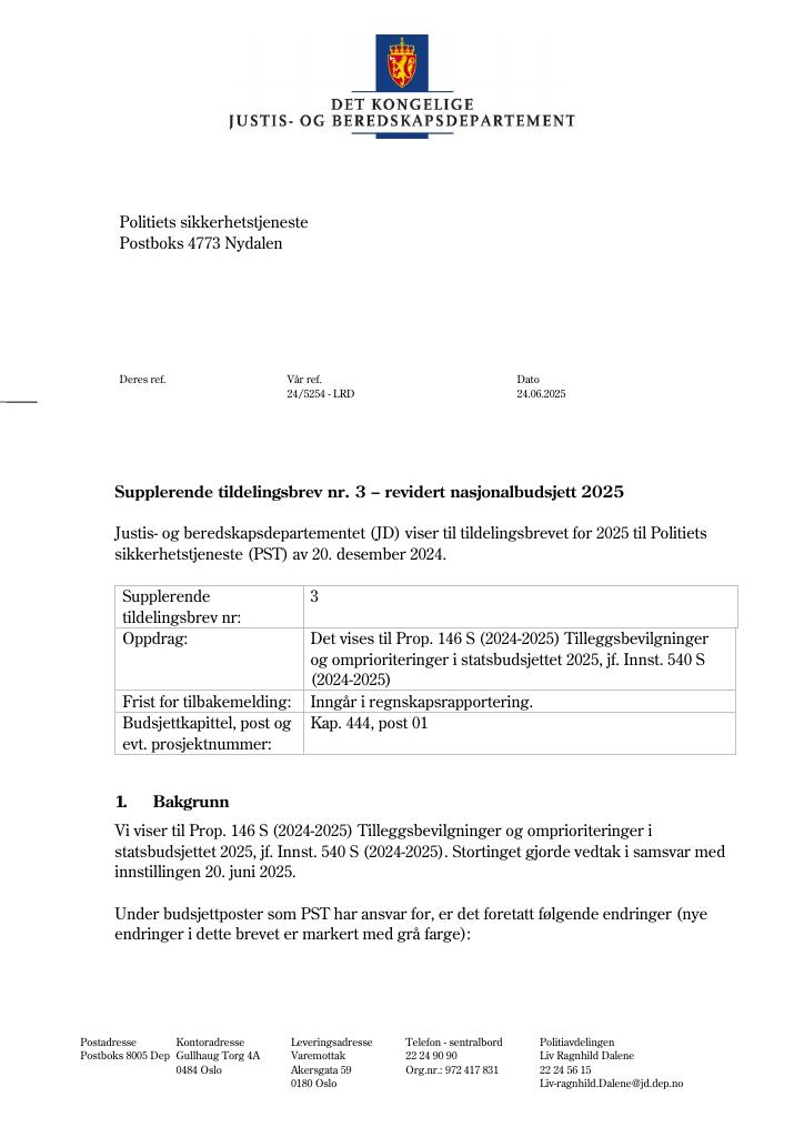 Forsiden av dokumentet Tildelingsbrev Politiets sikkerhetstjeneste 2025 - tillegg nr. 3