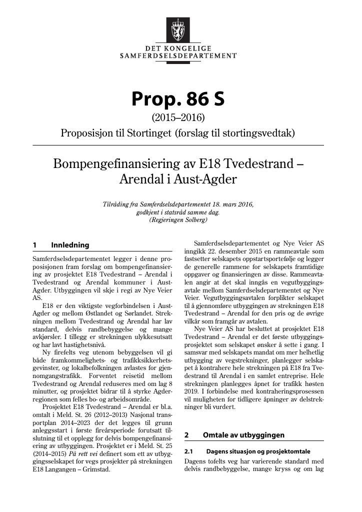 Forsiden av dokumentet Prop. 86 S (2015–2016)