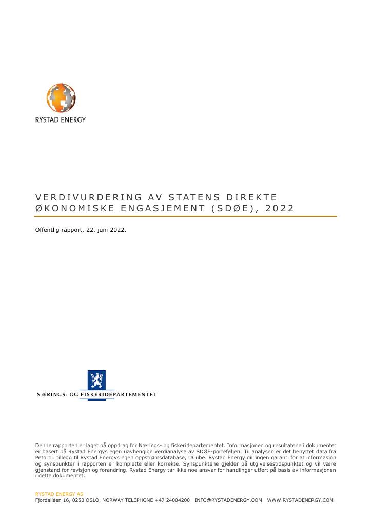 Forsiden av dokumentet Verdivurdering av statens direkte økonomiske engasjement (SDØE), 2022