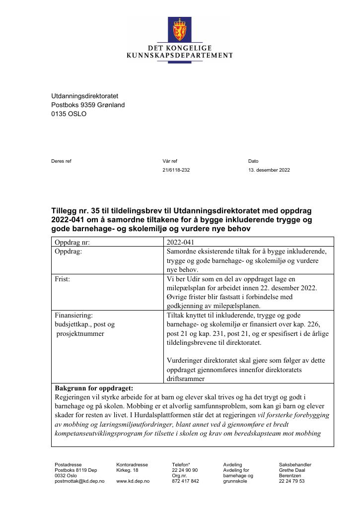 Forsiden av dokumentet Tildelingsbrev Utdanningsdirektoratet 2022 - tillegg nr. 35