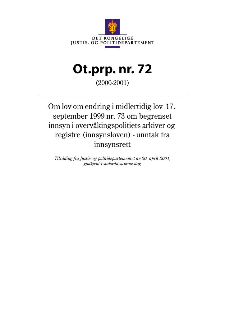 Forsiden av dokumentet Ot.prp. nr. 72 (2000-2001)