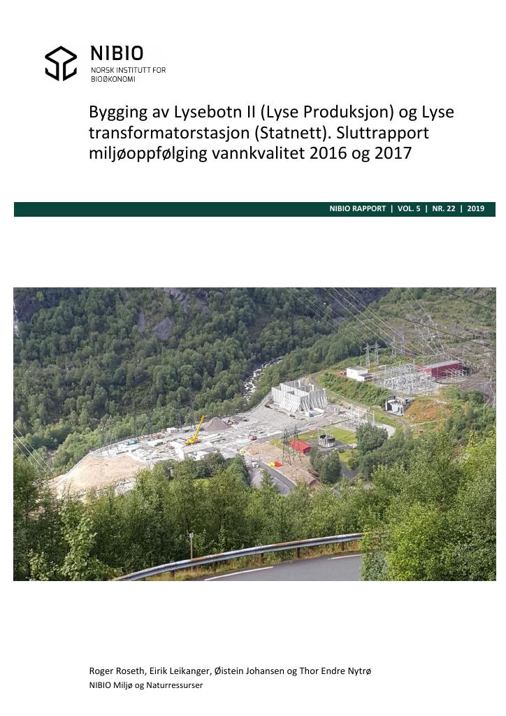 Forsiden av dokumentet "Bygging av Lysebotn II (Lyse Produksjon) og Lyse transformatorstasjon (Statnett). Sluttrapport miljøoppølging vannkvalitet 2016 og 2017"