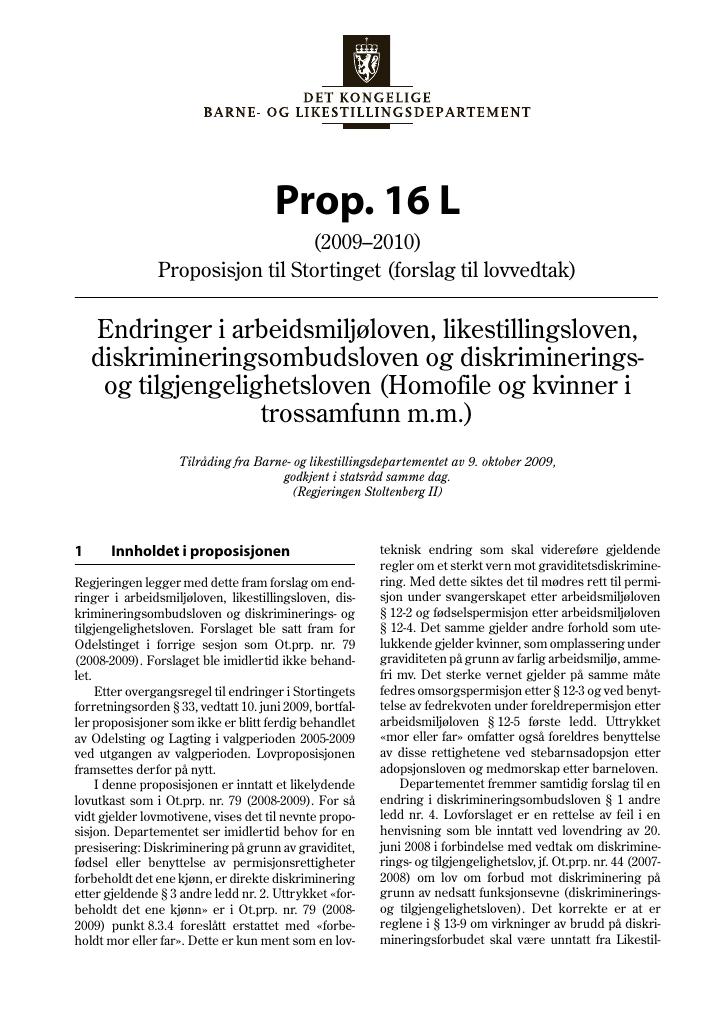 Forsiden av dokumentet Prop. 16 L (2009-2010)