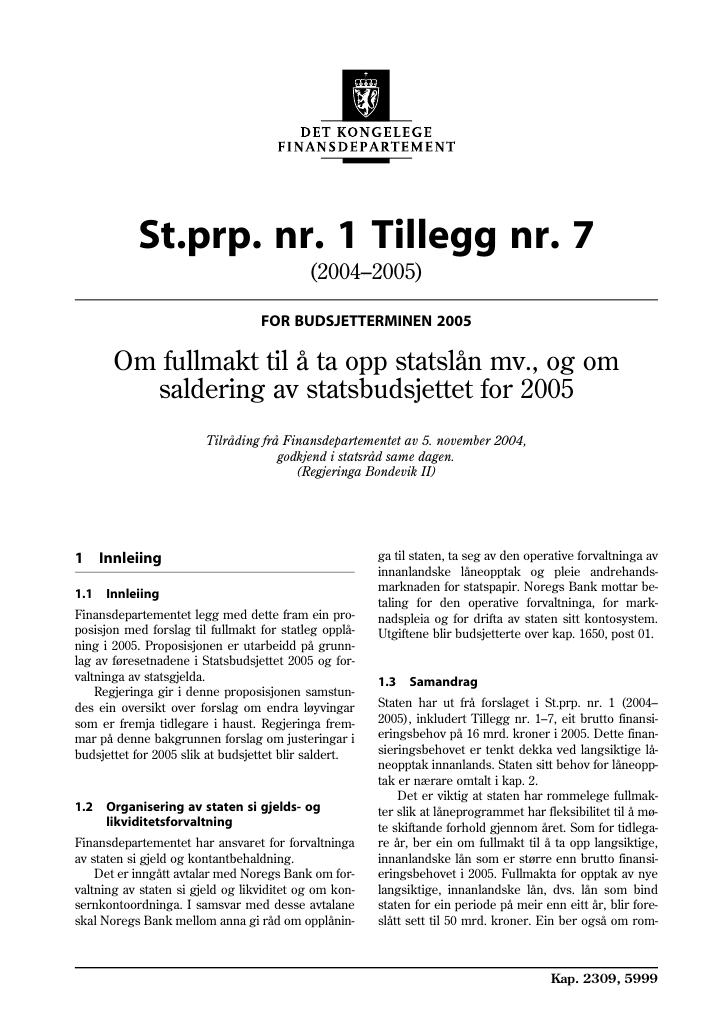 Forsiden av dokumentet St.prp nr. 1 Tillegg nr. 7 (2004-2005)