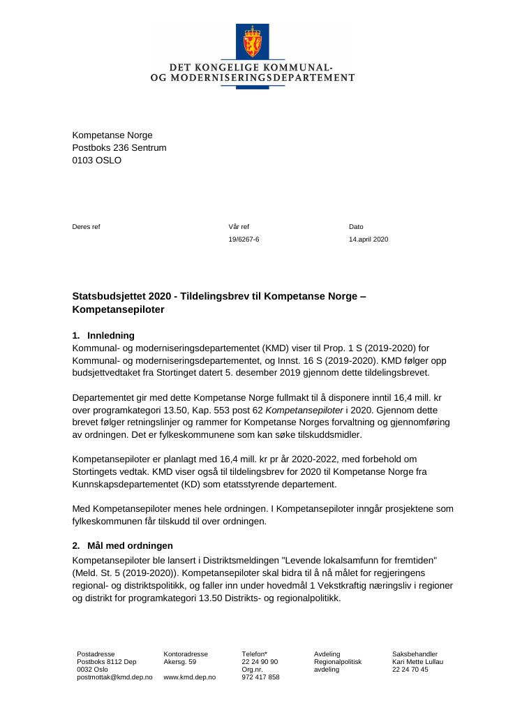 Forsiden av dokumentet Tildelingsbrev Kompetanse Norge 2020