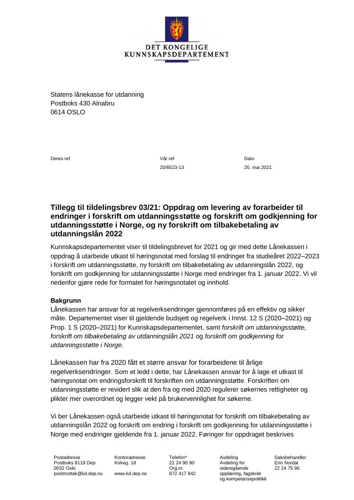 Forsiden av dokumentet Tildelingsbrev Lånekassen 2021 - tillegg nr. 3