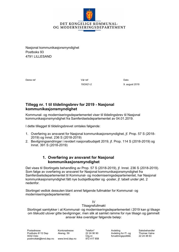 Forsiden av dokumentet Tildelingsbrev Nasjonal kommunikasjonsmyndighet 2019 - tillegg nr. 1