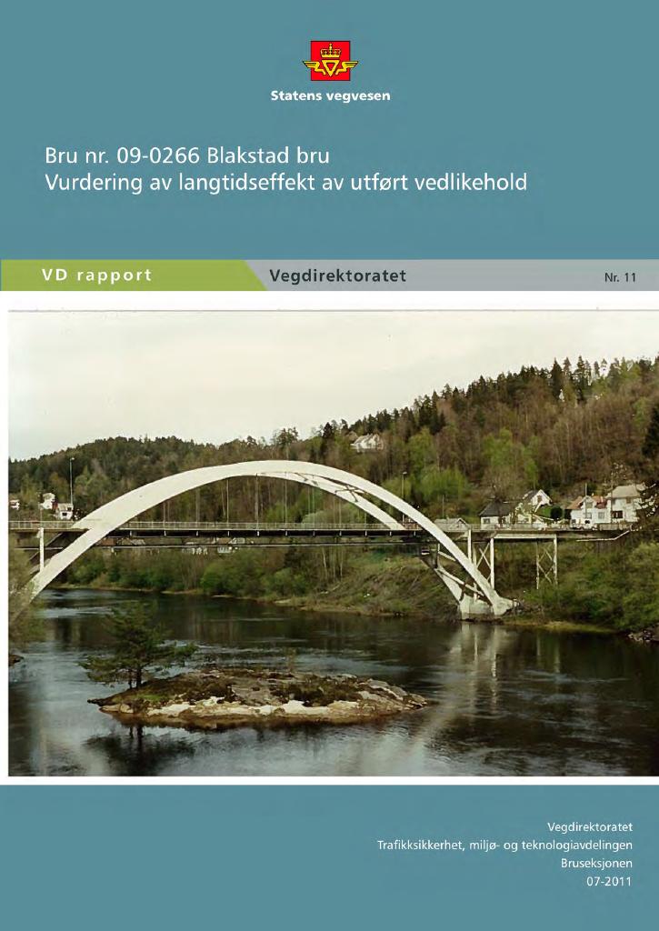 Forsiden av dokumentet Bru nr. 09-0266 Blakstad bru. Vurdering av langtidseffekt av utført vedlikehold