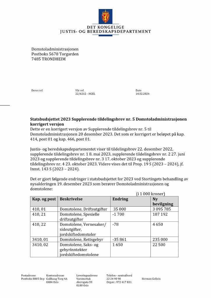 Forsiden av dokumentet Tildelingsbrev Domstoladministrasjonen 2023 - tillegg nr. 5