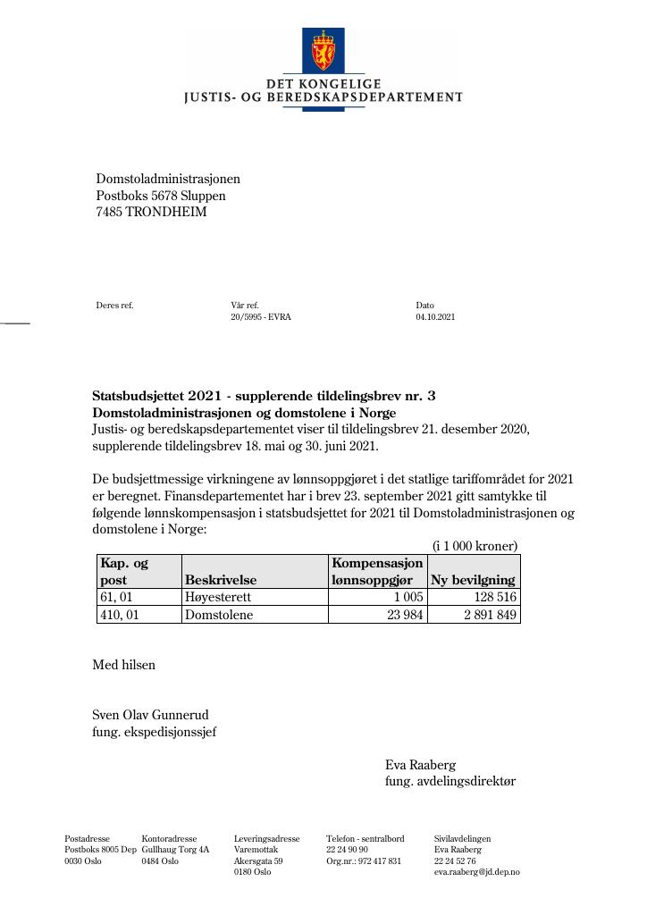 Forsiden av dokumentet Tildelingsbrev Domstoladministrasjonen 2021 - tillegg nr. 3