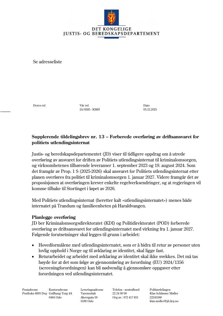 Forsiden av dokumentet Tildelingsbrev Politiet 2025 - tillegg nr. 13