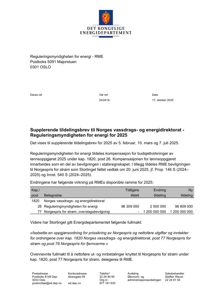 Forsiden av dokumentet Tildelingsbrev Reguleringsmyndigheten for energi (RME) 2025 - tillegg nr. 3