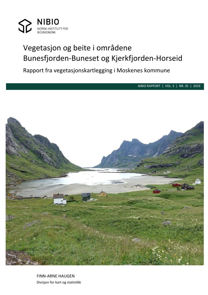 Forsiden av dokumentet Vegetasjon og beite i områdene Bunesfjorden-Buneset og Kjerkfjorden-Horseid. Rapport fra vegetasjonskartlegging i Moskenes kommune