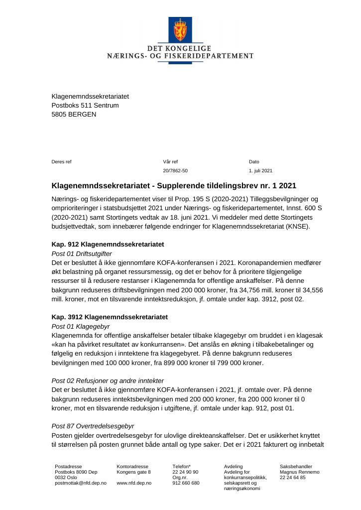 Forsiden av dokumentet Tildelingsbrev Klagenemndssekretariatet 2021 - tillegg nr. 1