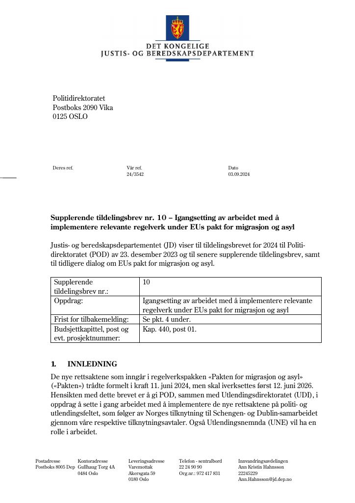 Forsiden av dokumentet Tildelingsbrev Politiet 2024 - tillegg nr. 10