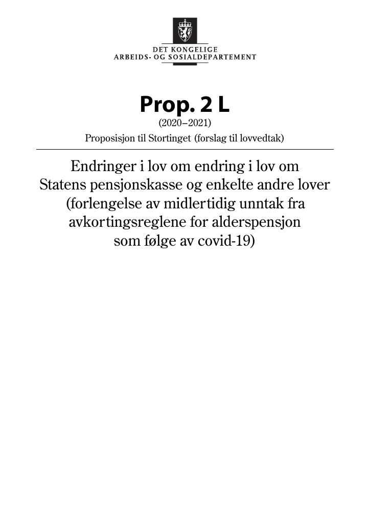 Forsiden av dokumentet Prop. 2 L (2020–2021)