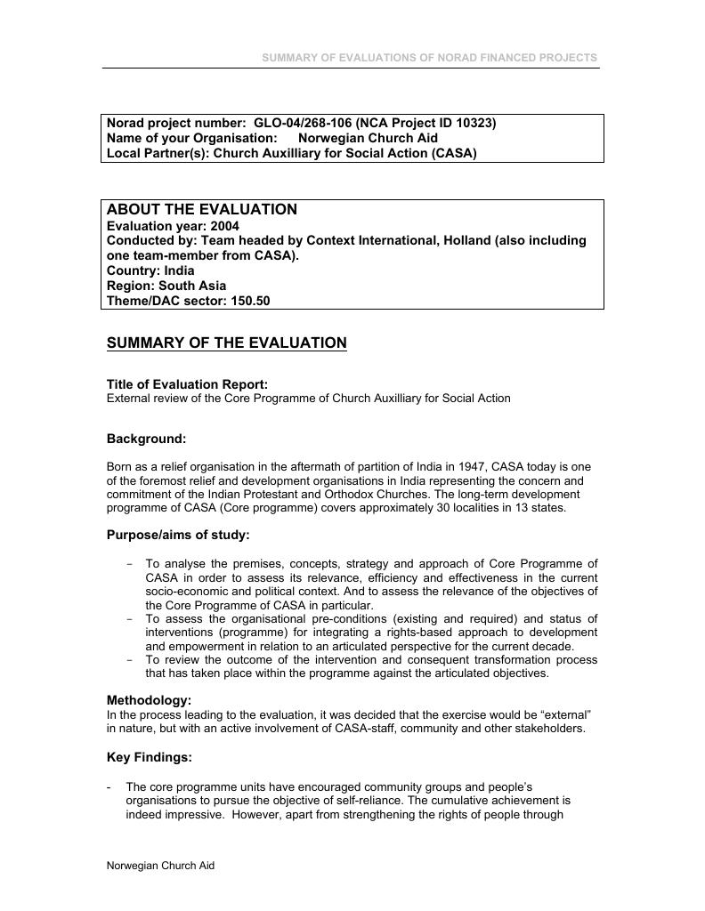 Forsiden av dokumentet External review of the Core Programme of Church Auxilliary for Social Action