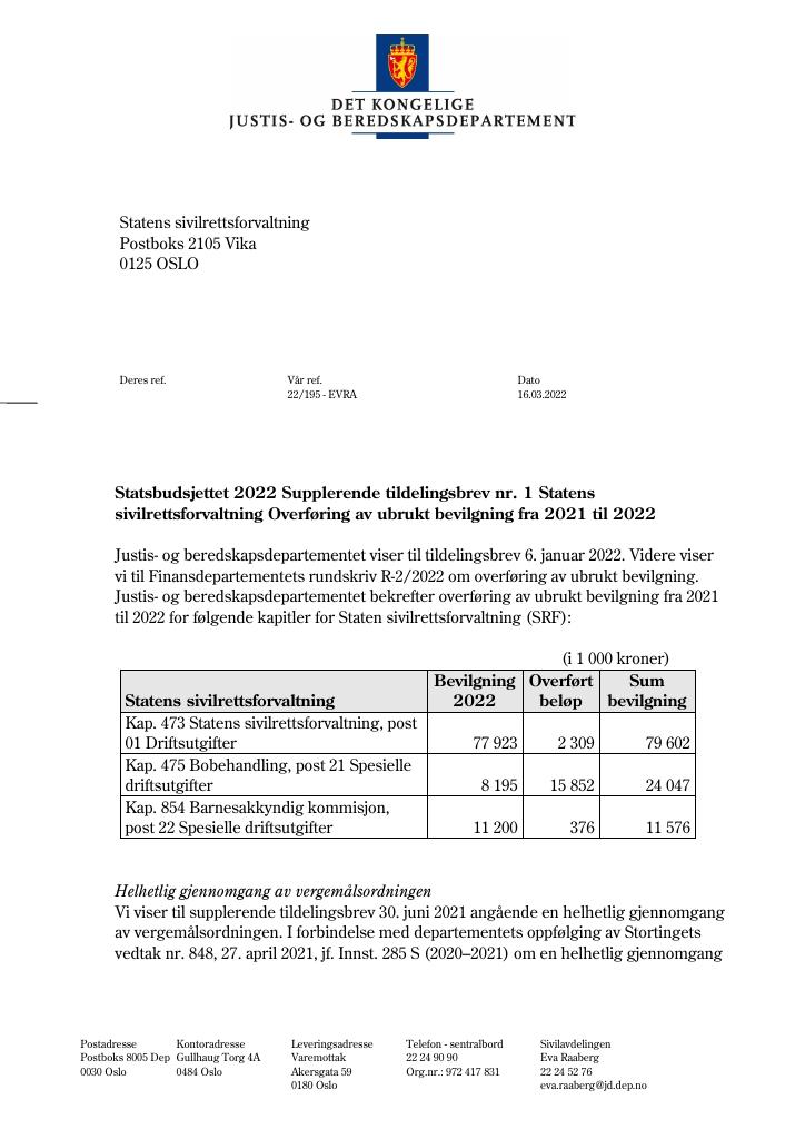 Forsiden av dokumentet Tildelingsbrev Statens sivilrettsforvaltning 2022 - tillegg nr. 1